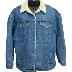 Levis Womens Sherpa Lined Jean Jacket Large Baggy Trucker Denim Blue 72867-0003